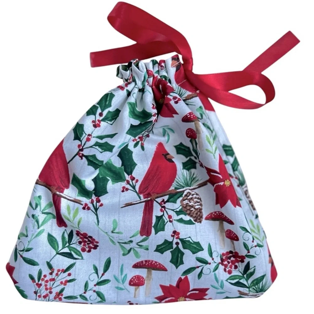 Hand Crafted Red Cardinals Holiday Festive Reusable Fabric Gift Bag